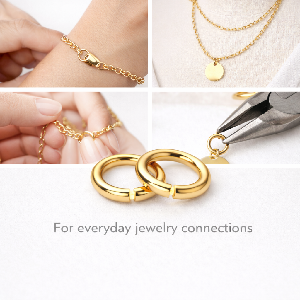 Open jump ring connecting chain and charm