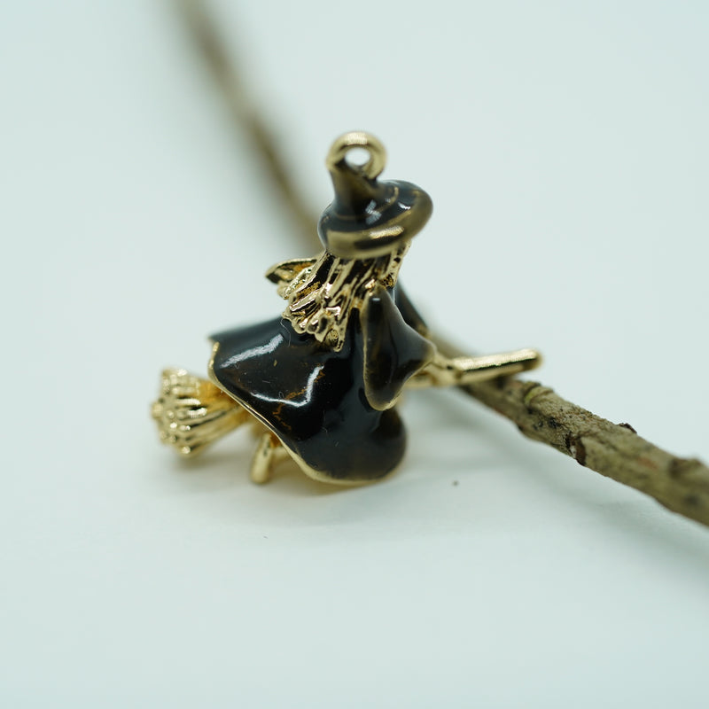 Mini Flying Witch Charm – Gold & Black Enamel Pendant