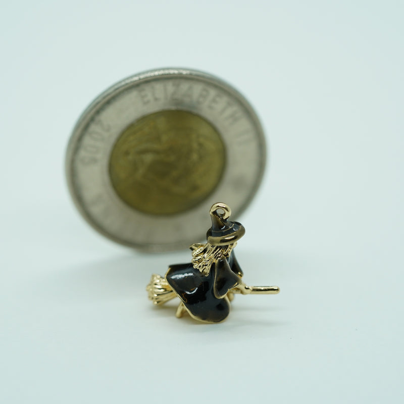 Mini Flying Witch Charm – Gold & Black Enamel Pendant