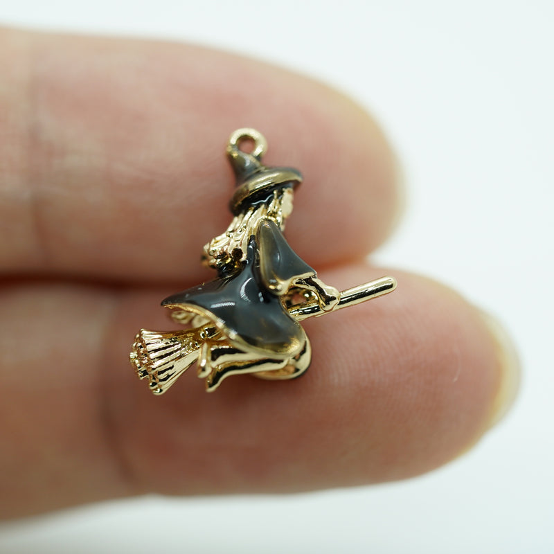 Mini Flying Witch Charm – Gold & Black Enamel Pendant